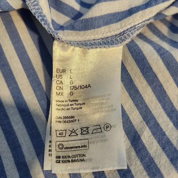 H&M Blue White Stripe Button Front Top L Long Sleeve 100% Cotton Coastal Capsule - Picture 9 of 10